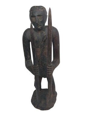 Vintage Hand-Carved Dark Wood Warrior African Tribal Sculpture With Spears 18"